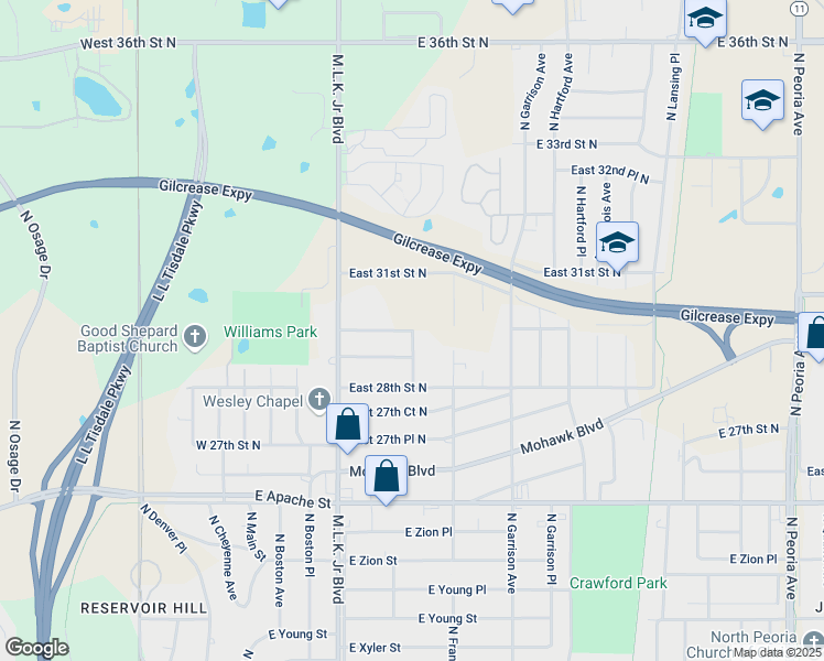 map of restaurants, bars, coffee shops, grocery stores, and more near North Elgin Avenue in Tulsa