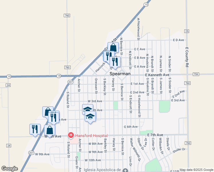 map of restaurants, bars, coffee shops, grocery stores, and more near 101-199 South Barkley Street in Spearman