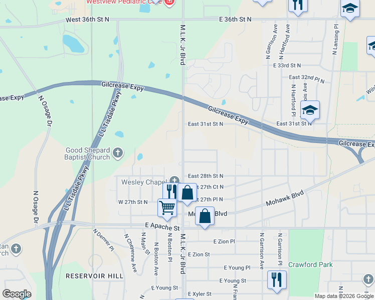 map of restaurants, bars, coffee shops, grocery stores, and more near 222 East 30th St N in Tulsa