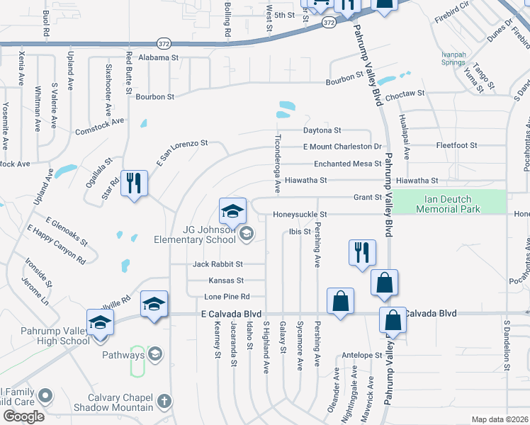 map of restaurants, bars, coffee shops, grocery stores, and more near 960 Honeysuckle Street in Pahrump