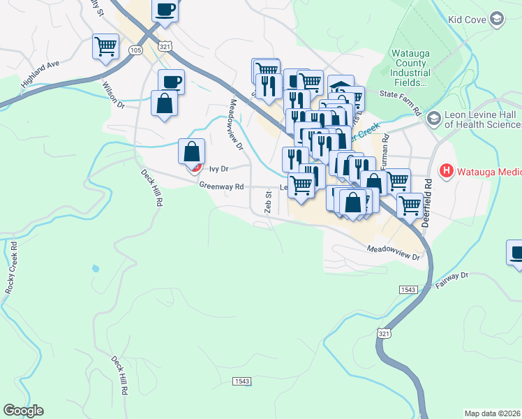 map of restaurants, bars, coffee shops, grocery stores, and more near 523d Meadowview Drive in Boone