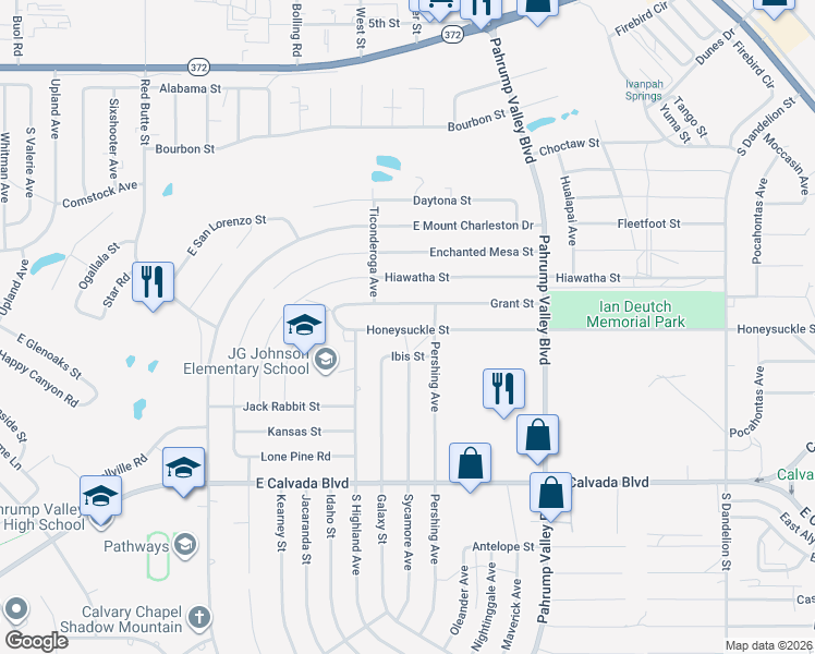 map of restaurants, bars, coffee shops, grocery stores, and more near 1110 Honeysuckle Street in Pahrump