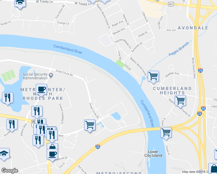 map of restaurants, bars, coffee shops, grocery stores, and more near 245 Great Circle Road in Nashville