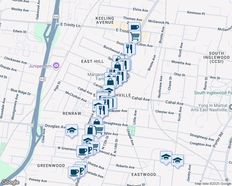 map of restaurants, bars, coffee shops, grocery stores, and more near 2600 Gallatin Pike in Nashville