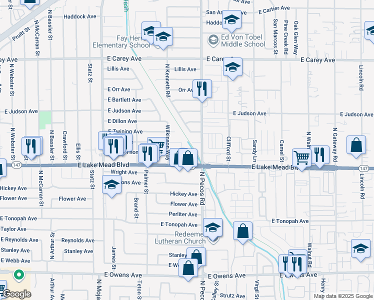 map of restaurants, bars, coffee shops, grocery stores, and more near 3617 Thomas Avenue in North Las Vegas