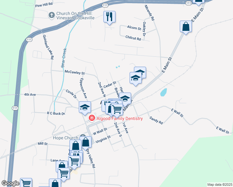map of restaurants, bars, coffee shops, grocery stores, and more near 128 East Washington Street in Cookeville