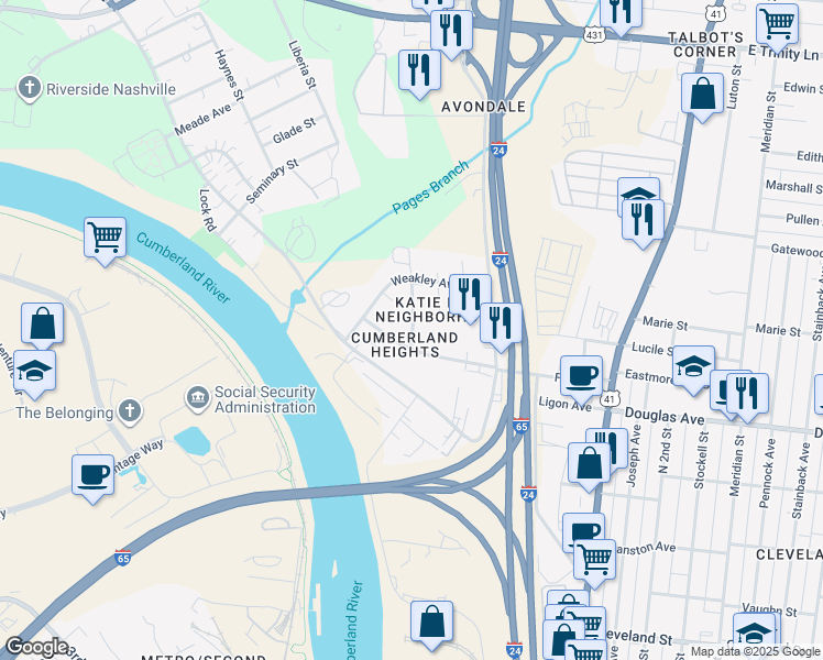 map of restaurants, bars, coffee shops, grocery stores, and more near 1203 Katie Street in Nashville