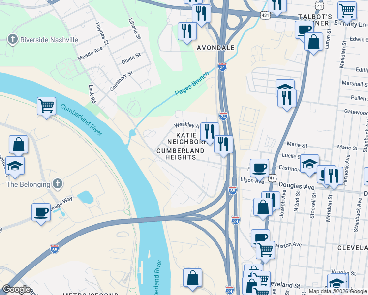 map of restaurants, bars, coffee shops, grocery stores, and more near 1203 Katie Street in Nashville