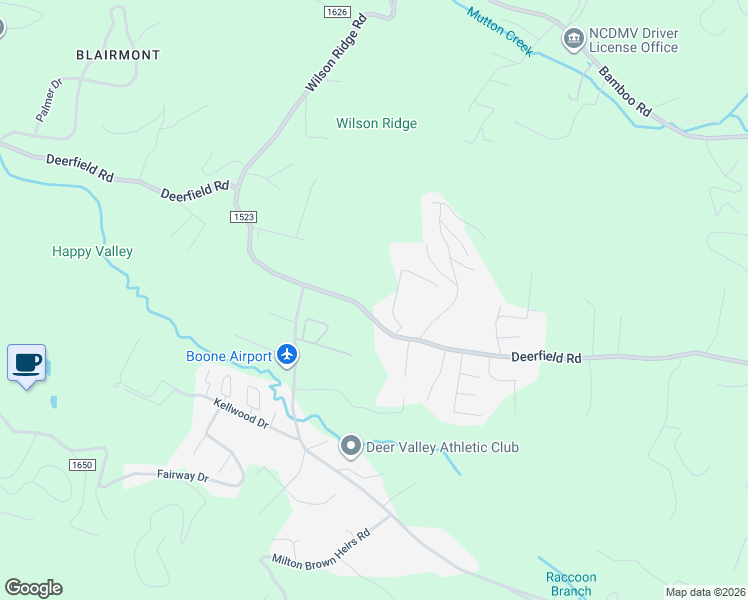 map of restaurants, bars, coffee shops, grocery stores, and more near 1821 Deerfield Road in Boone