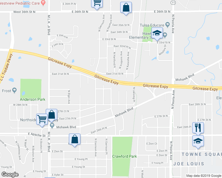 map of restaurants, bars, coffee shops, grocery stores, and more near 2998 North Hartford Avenue in Tulsa
