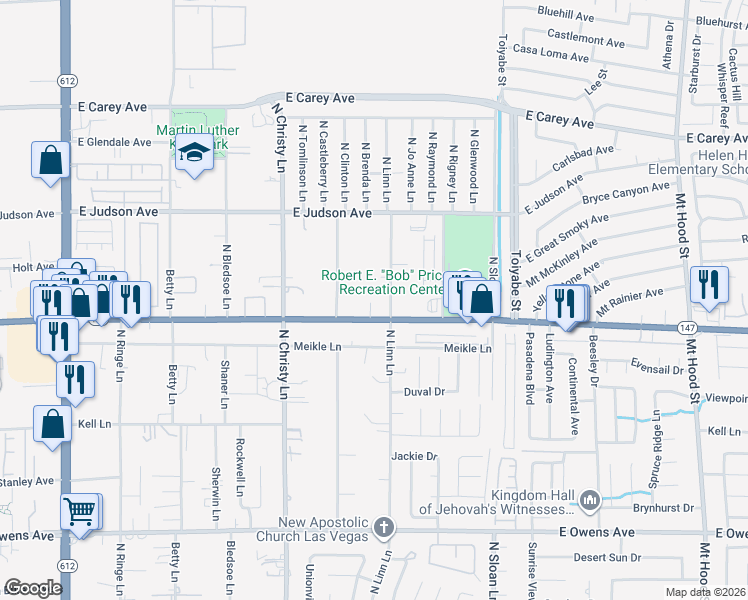 map of restaurants, bars, coffee shops, grocery stores, and more near in Sunrise Manor