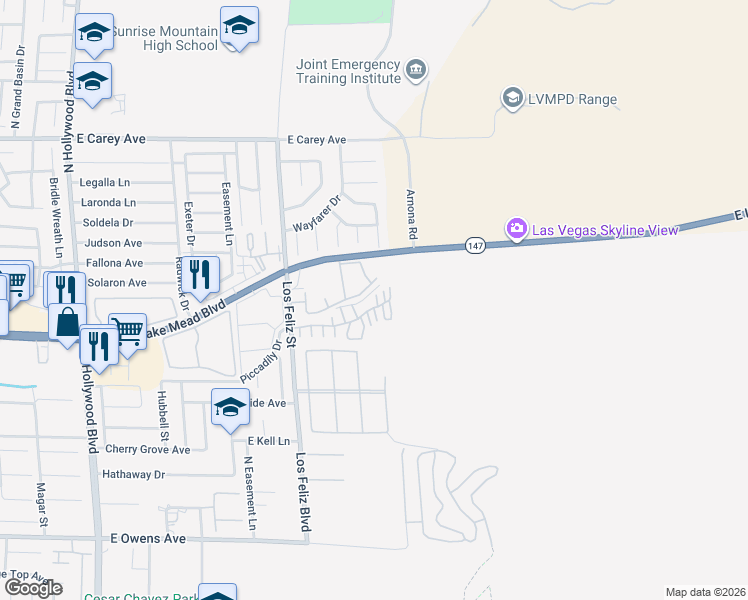 map of restaurants, bars, coffee shops, grocery stores, and more near North Los Feliz Street in Sunrise Manor