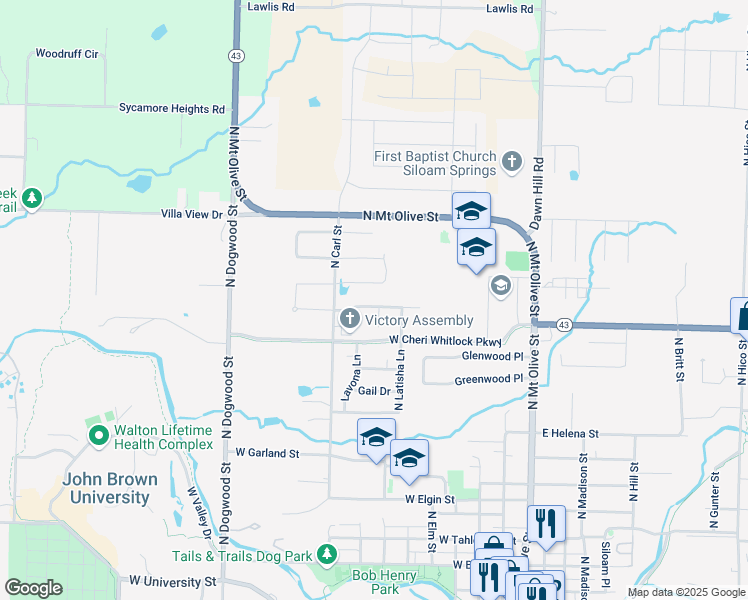 map of restaurants, bars, coffee shops, grocery stores, and more near 703 Maci Court in Siloam Springs