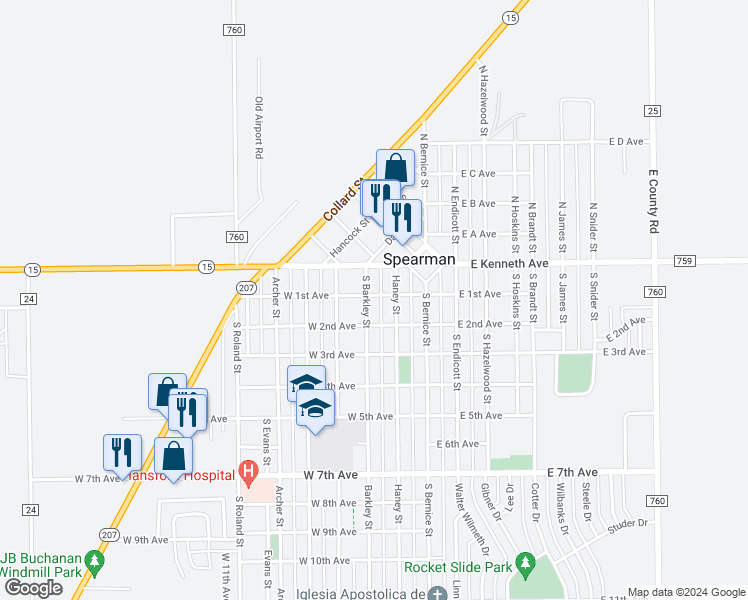 map of restaurants, bars, coffee shops, grocery stores, and more near 101 South Barkley Street in Spearman