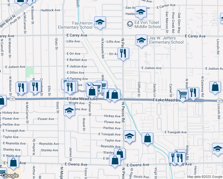 map of restaurants, bars, coffee shops, grocery stores, and more near 3604 Thomas Avenue in North Las Vegas