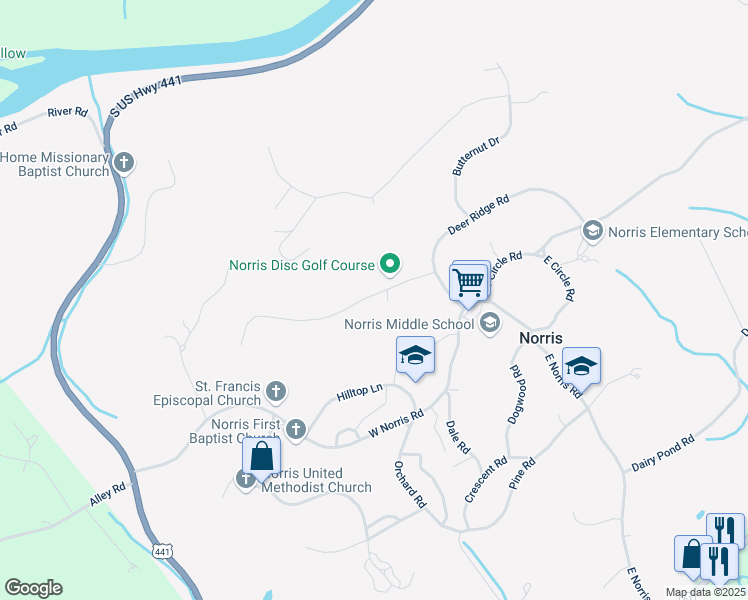 map of restaurants, bars, coffee shops, grocery stores, and more near 20 Chestnut Drive in Norris