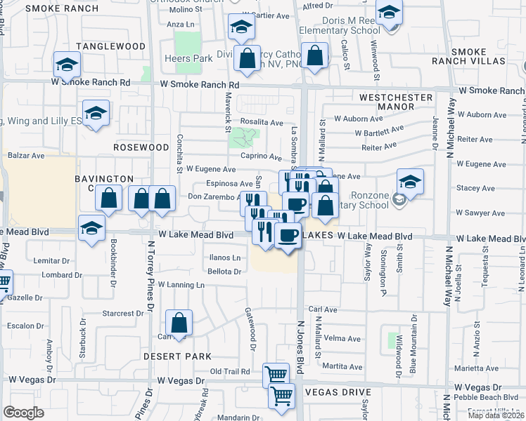 map of restaurants, bars, coffee shops, grocery stores, and more near 2021 San Simeon Street in Las Vegas