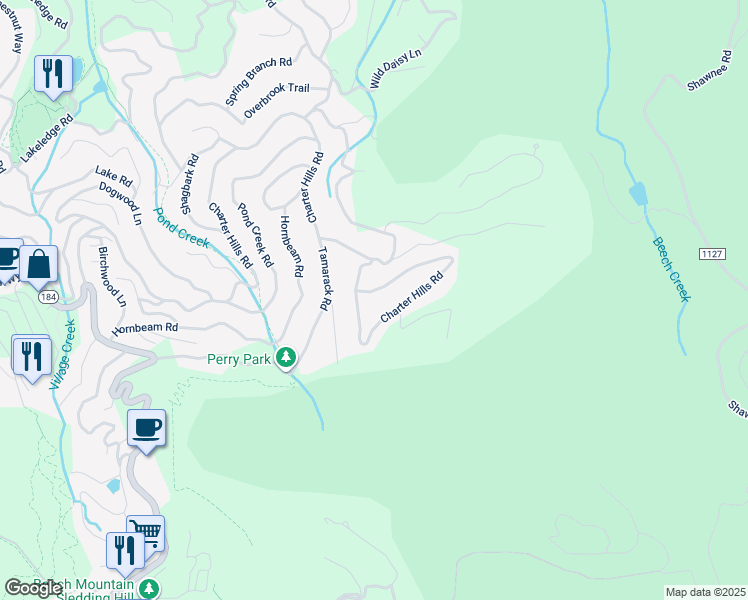 map of restaurants, bars, coffee shops, grocery stores, and more near 1065 Charter Hills Road in Beech Mountain