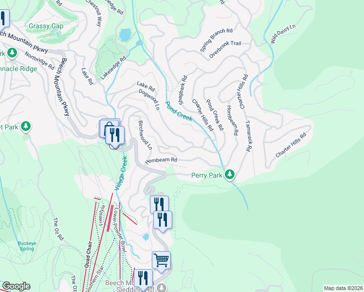 map of restaurants, bars, coffee shops, grocery stores, and more near 234 Charter Hills Road in Beech Mountain