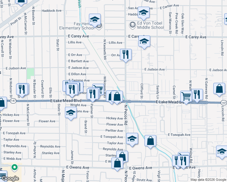 map of restaurants, bars, coffee shops, grocery stores, and more near 3604 Thomas Avenue in North Las Vegas