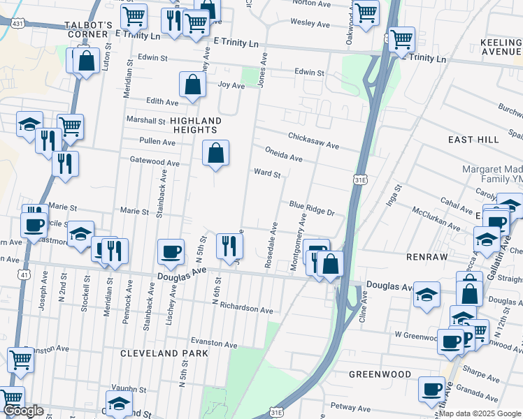 map of restaurants, bars, coffee shops, grocery stores, and more near 1403 Crockett Court in Nashville