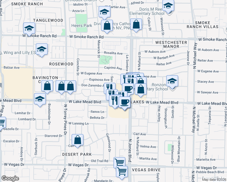 map of restaurants, bars, coffee shops, grocery stores, and more near 2021 San Simeon Street in Las Vegas