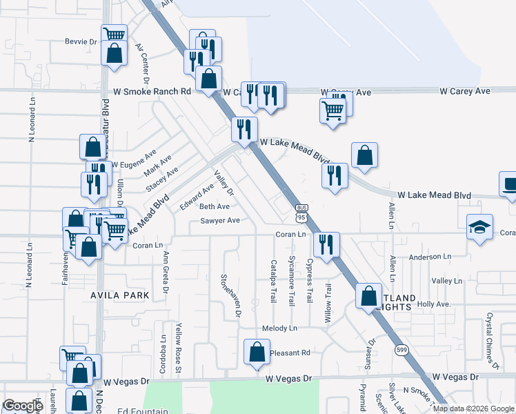 map of restaurants, bars, coffee shops, grocery stores, and more near 2060 Rancho Lake Drive in Las Vegas