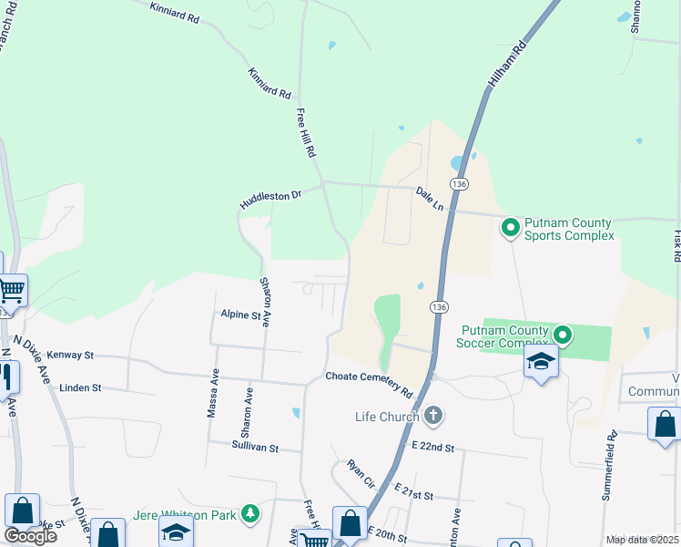 map of restaurants, bars, coffee shops, grocery stores, and more near 2512 Free Hill Road in Cookeville