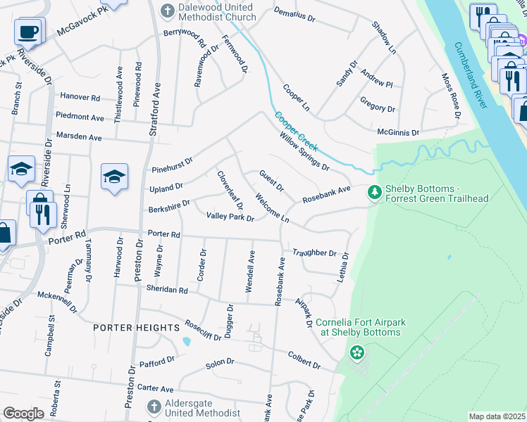map of restaurants, bars, coffee shops, grocery stores, and more near 1804 Rosebank Avenue in Nashville
