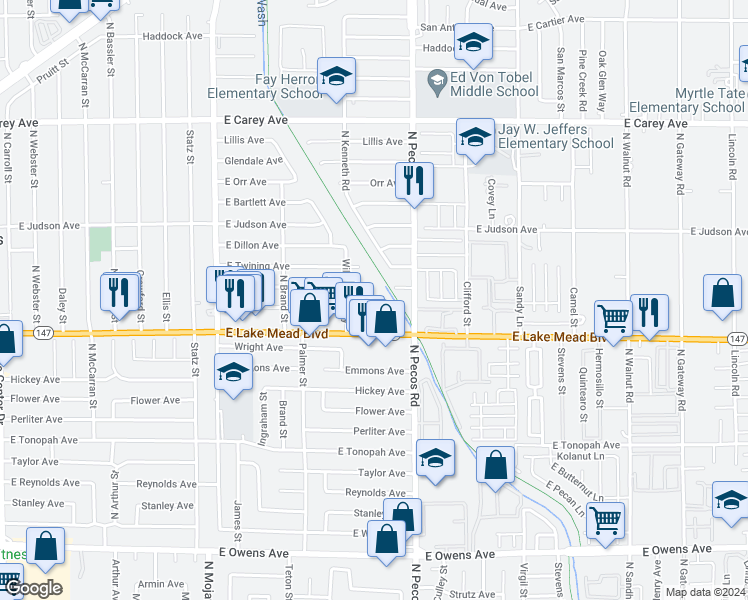 map of restaurants, bars, coffee shops, grocery stores, and more near 3617 Thomas Avenue in North Las Vegas