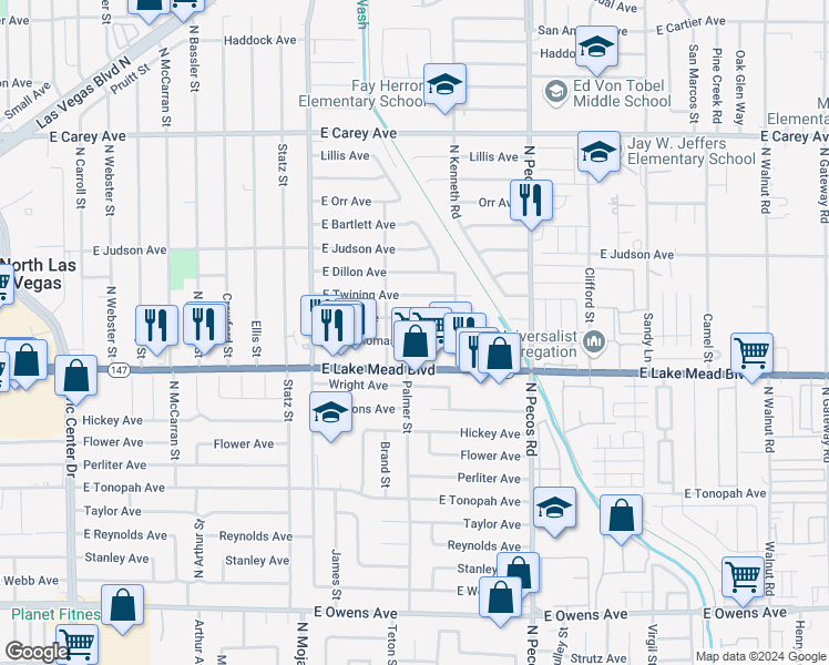 map of restaurants, bars, coffee shops, grocery stores, and more near 3401 Thomas Avenue in North Las Vegas