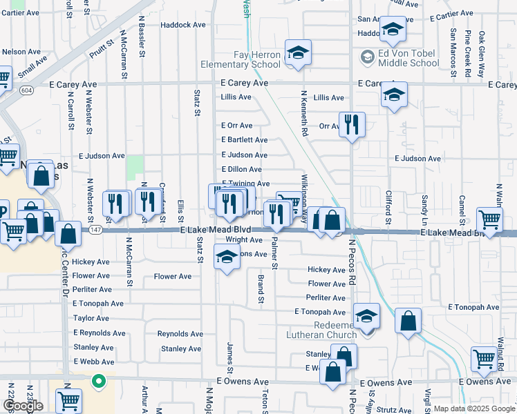 map of restaurants, bars, coffee shops, grocery stores, and more near 3221 Thomas Avenue in North Las Vegas