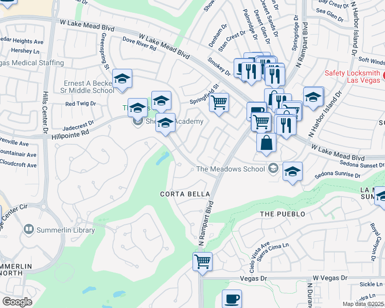 map of restaurants, bars, coffee shops, grocery stores, and more near 8833 Valley Creek Drive in Las Vegas