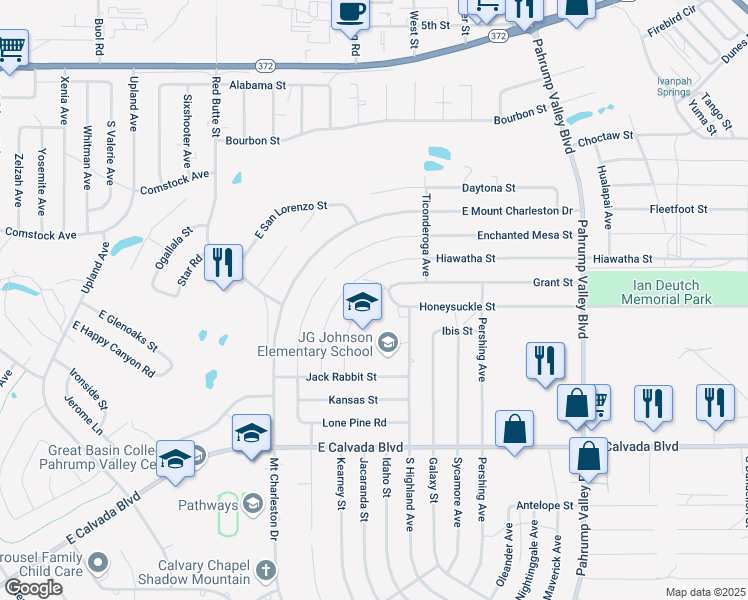 map of restaurants, bars, coffee shops, grocery stores, and more near 1551 Garnet Road in Pahrump