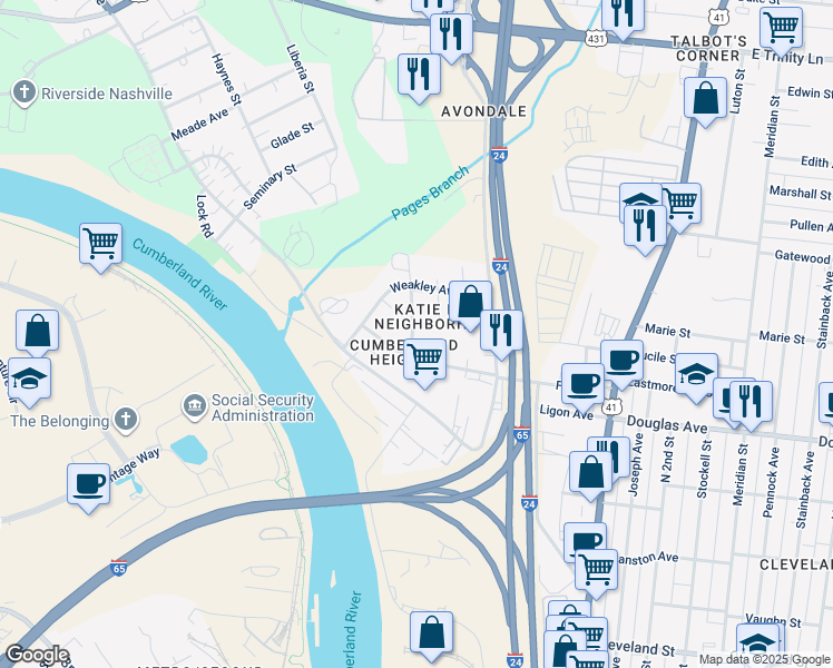 map of restaurants, bars, coffee shops, grocery stores, and more near 1203 Katie Street in Nashville