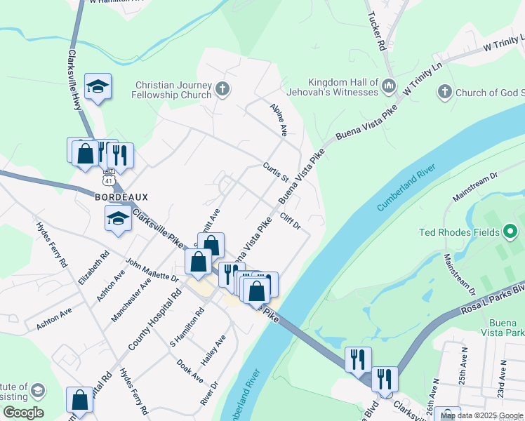 map of restaurants, bars, coffee shops, grocery stores, and more near 2133 Buena Vista Pike in Nashville