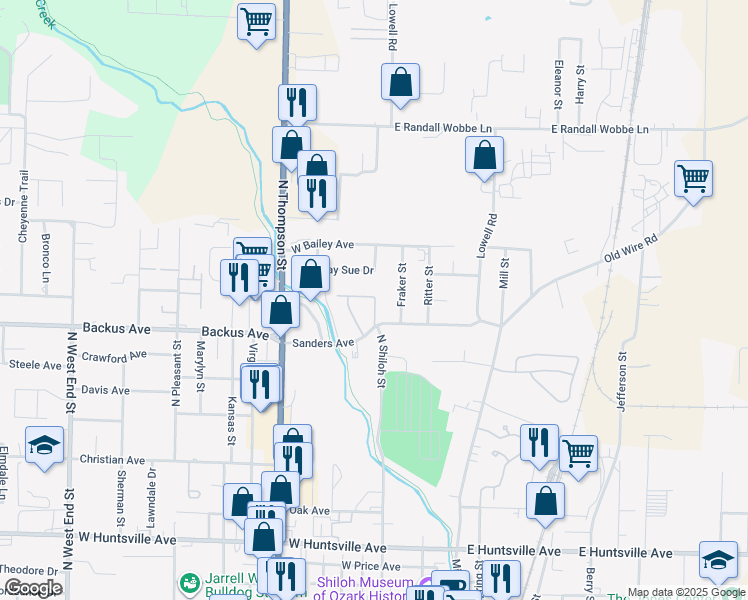 map of restaurants, bars, coffee shops, grocery stores, and more near 1314 A Q Circle in Springdale