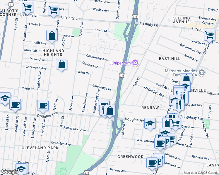 map of restaurants, bars, coffee shops, grocery stores, and more near 906 Blue Ridge Drive in Nashville