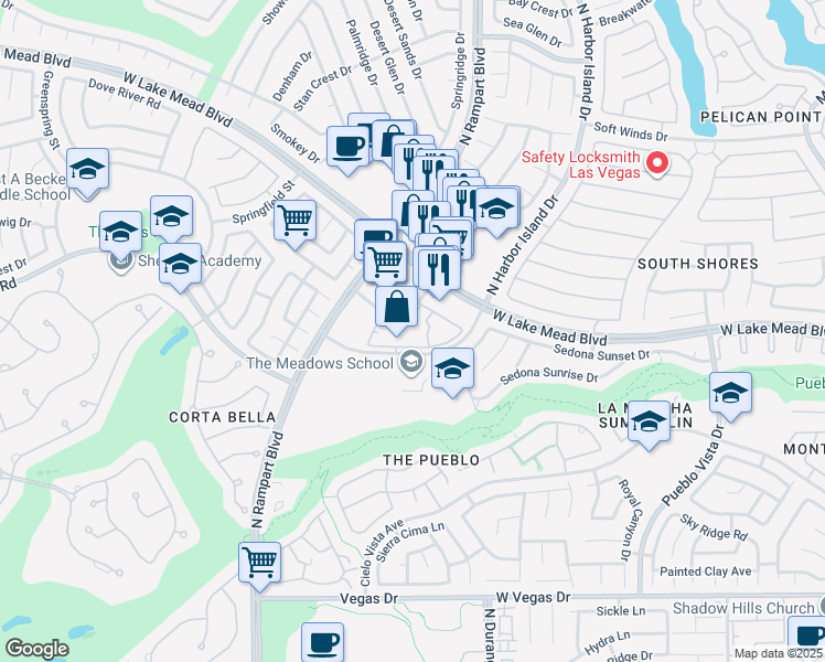 map of restaurants, bars, coffee shops, grocery stores, and more near 8600 Scholar Lane in Las Vegas