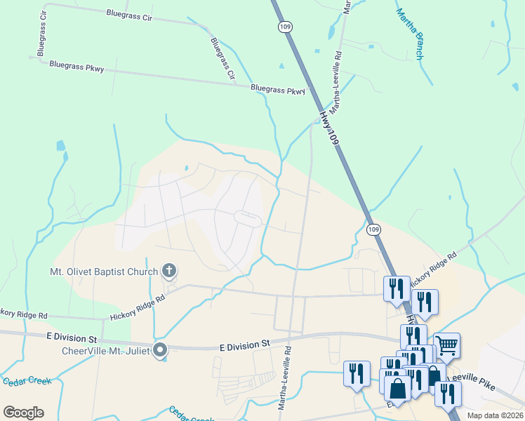 map of restaurants, bars, coffee shops, grocery stores, and more near 2322 Martha-Leeville Road in Lebanon