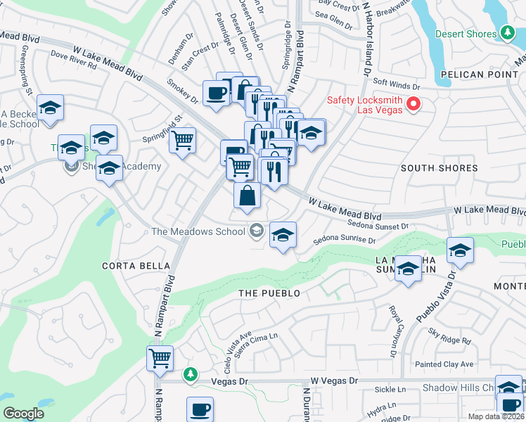map of restaurants, bars, coffee shops, grocery stores, and more near 8600 Scholar Lane in Las Vegas