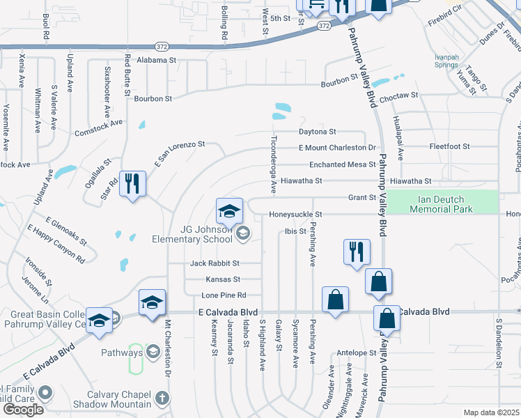 map of restaurants, bars, coffee shops, grocery stores, and more near 960 Honeysuckle Street in Pahrump