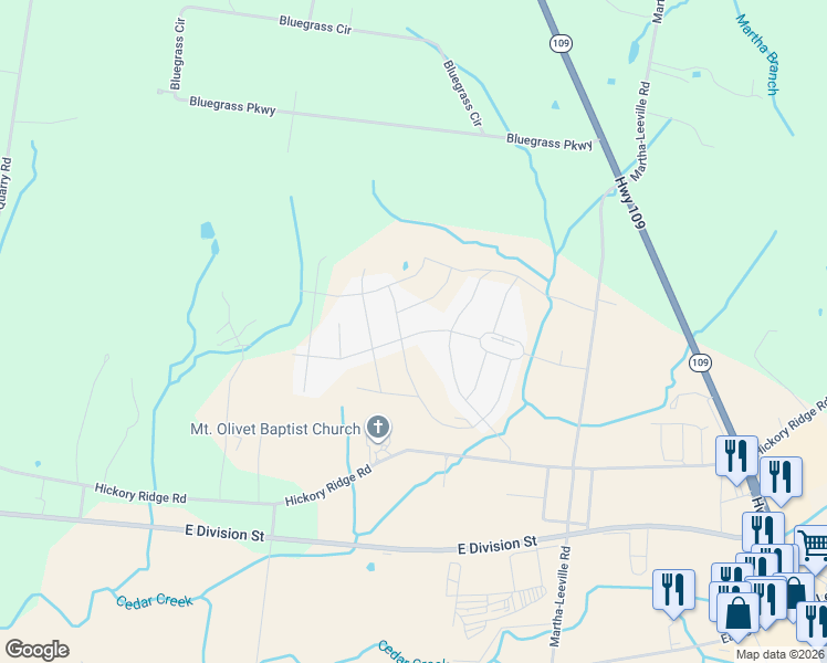 map of restaurants, bars, coffee shops, grocery stores, and more near 6775 Hickory Ridge Road in Lebanon