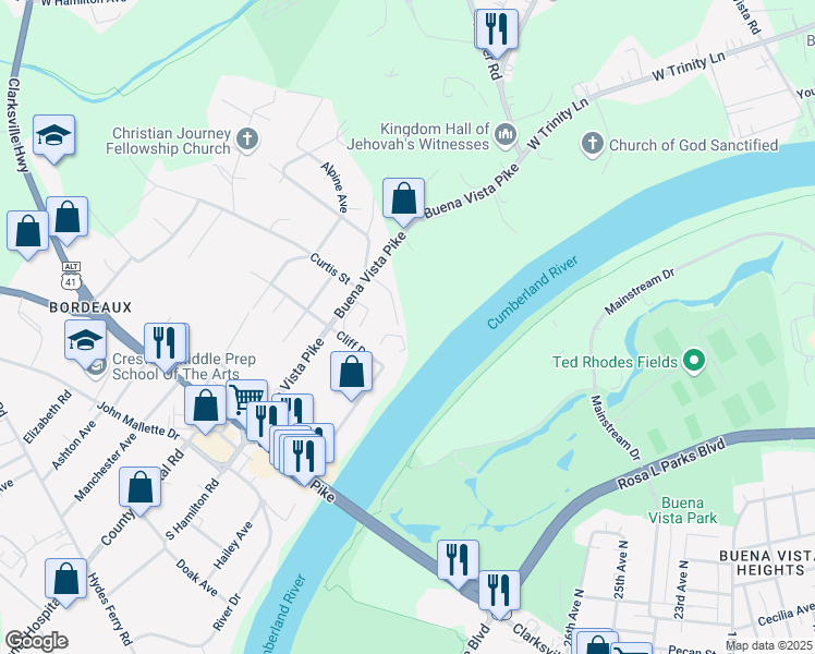 map of restaurants, bars, coffee shops, grocery stores, and more near 2214 Kirk Avenue in Nashville