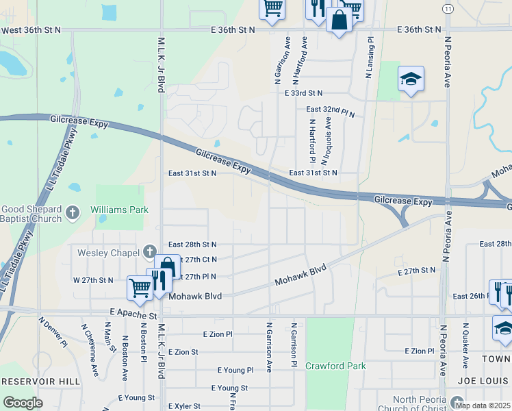 map of restaurants, bars, coffee shops, grocery stores, and more near 3001 North Frankfort Place in Tulsa