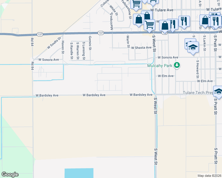 map of restaurants, bars, coffee shops, grocery stores, and more near 1478 West Bardsley Avenue in Tulare