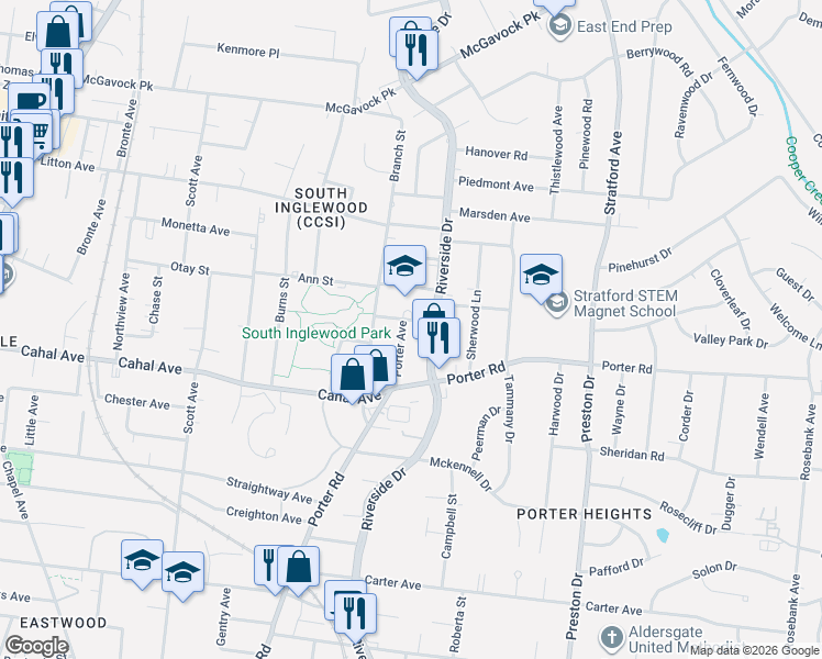 map of restaurants, bars, coffee shops, grocery stores, and more near 1614 Riverside Drive in Nashville
