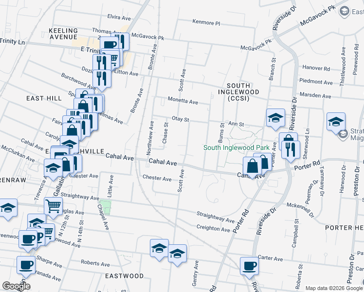 map of restaurants, bars, coffee shops, grocery stores, and more near 1629 Cahal Avenue in Nashville