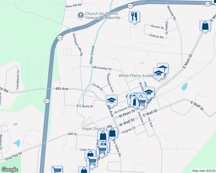 map of restaurants, bars, coffee shops, grocery stores, and more near 159 Epperson Avenue in Cookeville