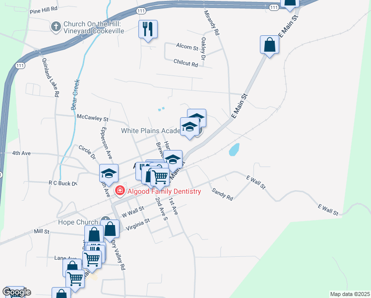 map of restaurants, bars, coffee shops, grocery stores, and more near 211 East Main Street in Cookeville